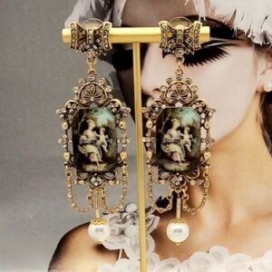 Vintage Estate Palace Crystal Pearl Oil Painting Gold Drop Earrings